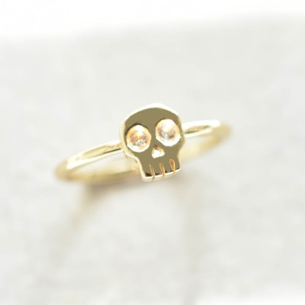 14k Gold Filled Vermeil Crystal Hollywood Forever Skull Ring - Picture 13 of 17